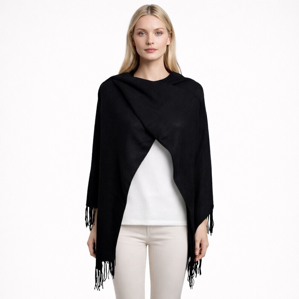 White + Warren Cashmere Two-Way Split travel Scarf Black Fringe Wrap